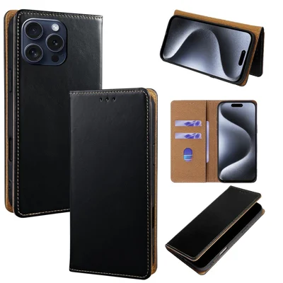 For iPhone 15 Pro Case RFID Blocking Genuine Cow Leather Flip Wallet Phone Cover - Black