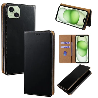For iPhone 15 Plus Case RFID Blocking Genuine Cow Leather Flip Wallet Phone Cover - Black