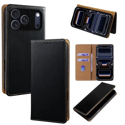 For iPhone 18 Pro / 17 Pro Case RFID Blocking Genuine Cow Leather Flip Wallet Phone Cover - Black