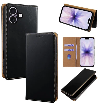 For iPhone 17 Case RFID Blocking Genuine Cow Leather Flip Wallet Phone Cover - Black