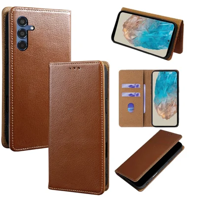 For Samsung Galaxy M35 5G Case RFID Blocking Genuine Cow Leather Flip Wallet Phone Cover - Dark Brown