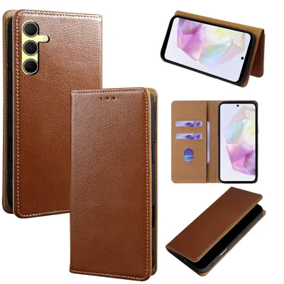 For Samsung Galaxy A35 5G Case RFID Blocking Genuine Cow Leather Flip Wallet Phone Cover - Dark Brown