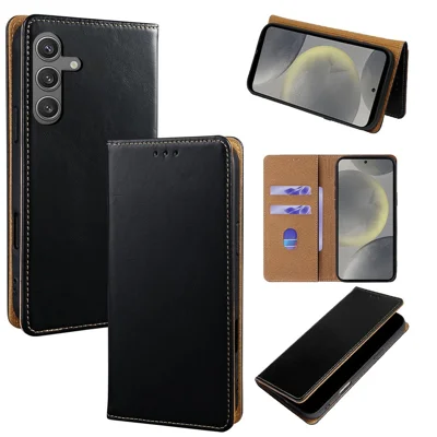 For Samsung Galaxy S24 Case Genuine Cow Leather RFID Blocking Flip Wallet Phone Cover - Black