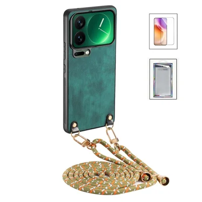 For Xiaomi 18 Pro Case Retro Leather Phone Back Cover with Adjustable Strap + Screen Protector - Green