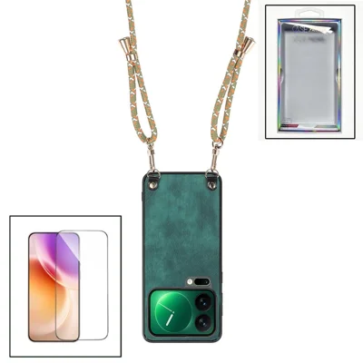For Xiaomi 18 Pro Max Case Retro Leather Phone Back Cover with Adjustable Strap + Screen Protector - Green
