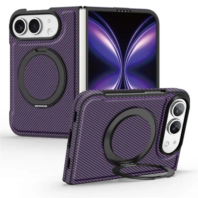 For iPhone Duo Magnetic Case with Rotating Kickstand Carbon Fiber Texture PU + PC + TPU Shockproof Phone Cover - Dark Purple