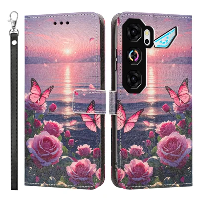  Étui pour ZTE nubia Neo 5 GT 5G - Impression de motif, étui à clapet en cuir PU avec portefeuille et dragonne - Papillon rose