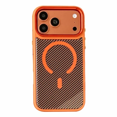 For iPhone 18 Pro Max  /  17 Pro Max Magnetic Case Watch Button Design Carbon Fiber Texture PC + TPU Phone Back Cover - Orange