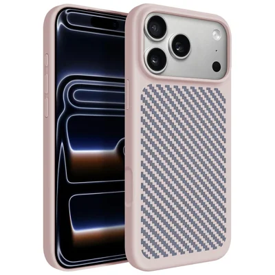 For iPhone 18 Pro Max  /  17 Pro Max Magnetic Case Geometric Carbon Fiber Texture Soft Silicone Phone Back Cover - Pink