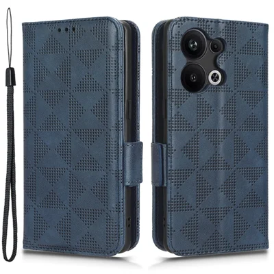 For Oppo Reno9 Pro+ 5G Imprinted Triangle Pattern PU Leather Protective Phone Cover Flip Wallet Stand Case with Hand Strap - Blue