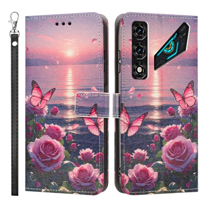 Pour ZTE nubia Neo 5 5G Étui Imprimé en Cuir PU à Fermeture Pliable avec Porte-cartes et Dragonne - Papillon Rose