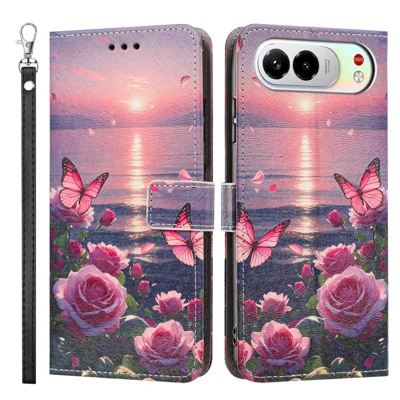 Pour ZTE nubia Air Pro 5G Coque Imprimé Motif en Cuir PU Flip Portefeuille avec Sangle de Poignet - Papillon Rose