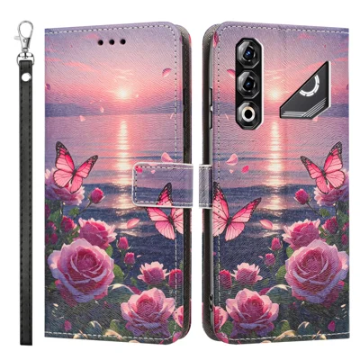 Pour ZTE nubia Neo 5 Pro 5G Coque Imprimé Motif en Cuir PU Flip Portefeuille avec Sangle de Poignet - Papillon Rose
