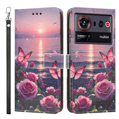 Pour ZTE nubia Z80 Ultra 5G Coque Imprimé Motif en Cuir PU Coque Portefeuille à Rabat avec Sangle de Poignet - Papillon Rose