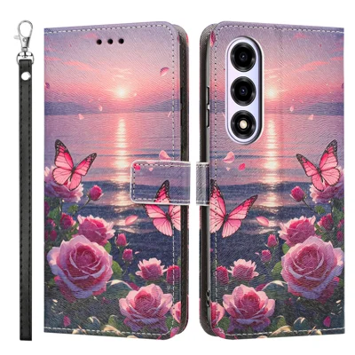  For ZTE nubia A77 5G Coque Imprimé Motif en Cuir PU Flip Portefeuille avec Sangle Poignet - Papillon Rose