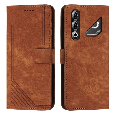  Pour ZTE nubia Neo 5 Pro 5G Étui Support Motif Lignes Cuir Véritable Housse de Téléphone - Marron