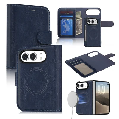 For iPhone Duo Magnetic Leather Case RFID Blocking Wallet Detachable Phone Cover - Sapphire