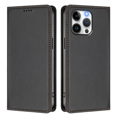 For iPhone 15 Pro Max Leather Wallet Case Magnetic Closure RFID Blocking Phone Cover - Black