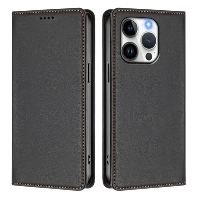  For iPhone 15 Pro Leather Wallet Case Magnetic Closure RFID Blocking Phone Cover - Black
