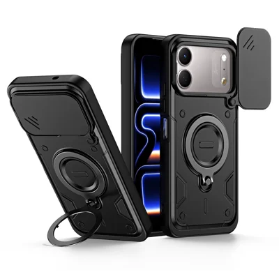 Für TECNO Spark 50C 4G Hülle mit schiebebarem Objektivschutz, drehbarem Ständer, stoßfestem TPU + PC Handy-Schale – Schwarz