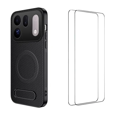  WANLONFENG for Oppo Find X10 Pro Max 5G QT1 Series Magnetic Case with 2Pcs Tempered Glass Films Kickstand Carbon Fiber Texture PC TPU Phone Cover - Black