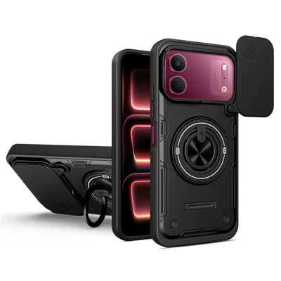 Für TECNO Spark 50C 4G Magnetische Hülle Mit Verschiebbarem Kameradeckel TPU+PC Handyhülle Mit Drehbarem Ständer – Schwarz