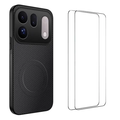  WANLONFENG for Oppo Find X10 Pro Max 5G TQ1 Series Magnetic Case Carbon Fiber Texture PC TPU Phone Cover with 2Pcs Screen Films - Black