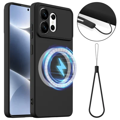 Магнитный чехол для Samsung Galaxy S27 Ultra, антиударный, из жидкого силикона, с ремешком — черный