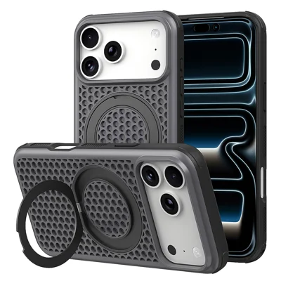 For iPhone 18 Pro Max / 17 Pro Max Magnetic Case TPU + PC Honeycomb Ventilated Back Rotating Kickstand Shockproof Phone Cover - Dark Grey