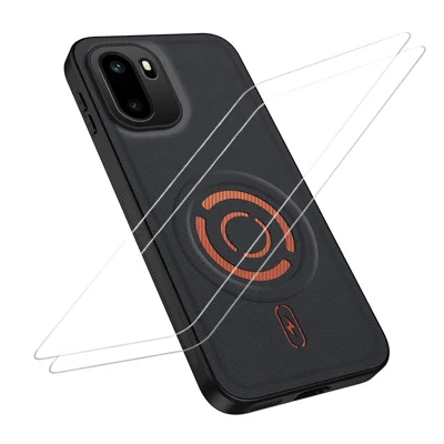  WANLONFENG for OnePlus Ace 6T 5G / OnePlus 15R 5G / OnePlus Ace 6 5G KJB1 Series Magnetic Case with 2Pcs Tempered Glass Screen Protector Tech Fabric Texture PC+TPU Phone Cover - Black