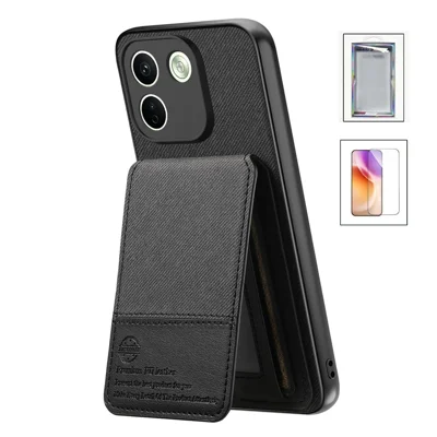 For Xiaomi Redmi Note 17 Pro Max 5G Case Card Slot Cloth Texture Leather Phone Back Cover with Tempered Glass Screen Protector - Black
