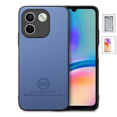 For Xiaomi Redmi Note 17 Pro Max 5G Case Twill Cloth Texture PU Leather + PC + TPU Phone Cover with Tempered Glass Screen Protector - Blue
