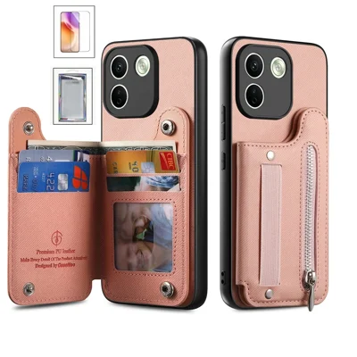 For Xiaomi Redmi Note 17 Pro Max 5G Case Elastic Wristband Jeans Cloth Texture Leather Back Cover with Tempered Glass Screen Protector - Pink