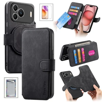 CASENEO Für Huawei nova 16 SE 5G Magnetische Hülle Abnehmbarer Retro Leder Geldbörse Handy Schutzhülle mit Gehärtetem Glas Displayschutz – Schwarz