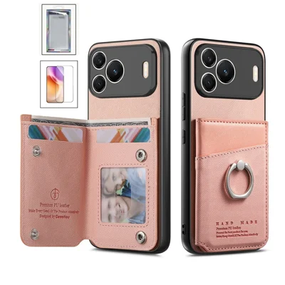 Für Huawei nova 16 SE 5G Hülle mit Kartenhalter, Ring-Ständer, Jeans-Stoff-Textur, PU-Leder + TPU + PC Handyhülle mit gehärtetem Glas Displayschutz - Rosa