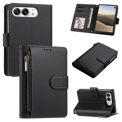 For iPhone Duo Case 4 Card Slots Wallet Stand PU Leather Phone Cover with Wrist Strap - Black