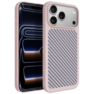  For iPhone 17 Pro / iPhone 18 Pro Magnetic Case Geometric Carbon Fiber Texture Soft Silicone Phone Back Cover - Pink