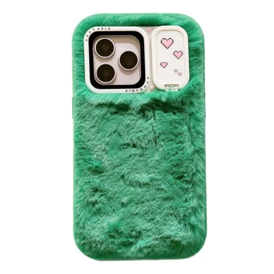 Coque pour iPhone 18 Pro Max / 17 Pro Max / 16 Pro Max, housse en peluche + TPU avec miroir de maquillage et support inclinable - Vert
