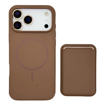 Funda magnética para iPhone 18 Pro Max / 17 Pro Max, funda trasera de silicona suave con soporte para tarjetas desmontable y película para lente - Marrón