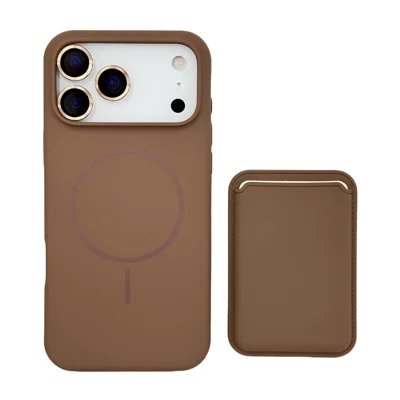 For iPhone 18 Pro / 17 Pro Magnetic Case Soft Silicone Phone Back Cover with Detachable Card Holder and Lens Film - Brown