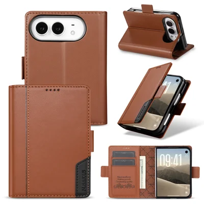 N.BEKUS pour iPhone Duo étui support RFID blocage en cuir PU portefeuille housse de téléphone - Marron