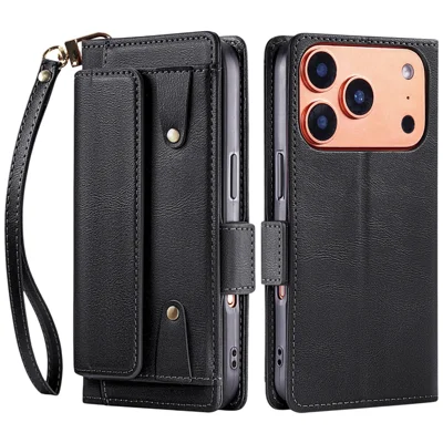 For iPhone 18 Pro Max / 17 Pro Max Leather Case Retro Wallet Flip Stand Phone Cover with Wrist Strap - Black