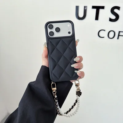 For iPhone 18 Pro / 17 Pro Case Rhombus Pattern PU Leather Phone Back Cover with Wrist Strap - Black