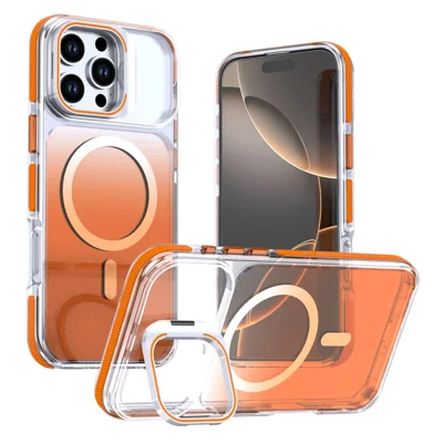 For iPhone 16 Pro Magnetic Case Gradient PC + TPU Phone Protective Cover with Camera Frame Kickstand - Orange
