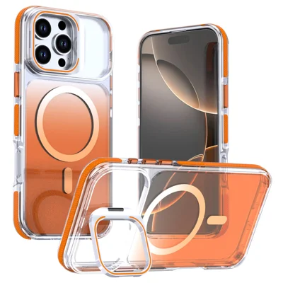 For iPhone 16 Pro Max Magnetic Case Gradient PC + TPU Phone Protective Cover with Camera Frame Kickstand - Orange
