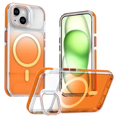 For iPhone 14 / 13 Magnetic Case Gradient PC + TPU Phone Protective Cover with Camera Frame Kickstand - Orange