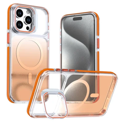 For iPhone 15 Pro Magnetic Case Gradient PC + TPU Phone Protective Cover with Camera Frame Kickstand - Orange