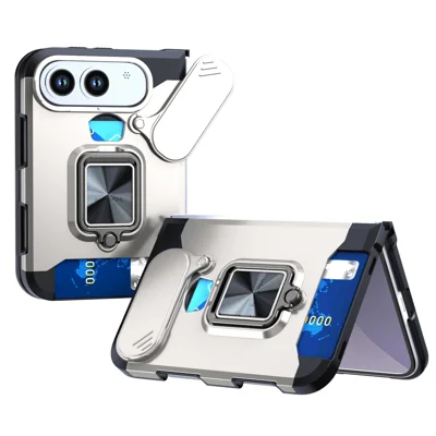 Custodia per iPhone Duo con Supporto Integrato, Coperchio Scorrevole per Obiettivo, Cover in PC + TPU con Porta Tessere - Argento