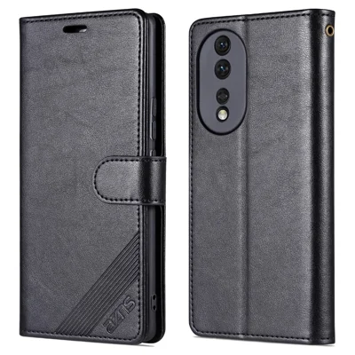 AZNS Textured PU Leather Phone Case for Honor 80 5G, Stand Wallet Magnetic Clasp Folio Flip Shockproof Cover - Black