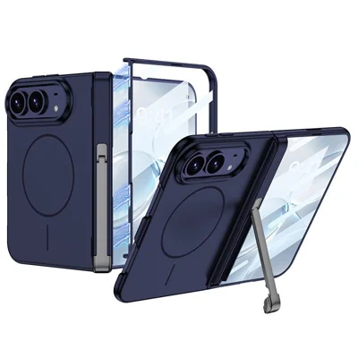For iPhone Duo Magnetic Case Metal Kickstand Hinge Protection Matte PC Phone Cover with Built-in Screen Protector - Cool Night Blue